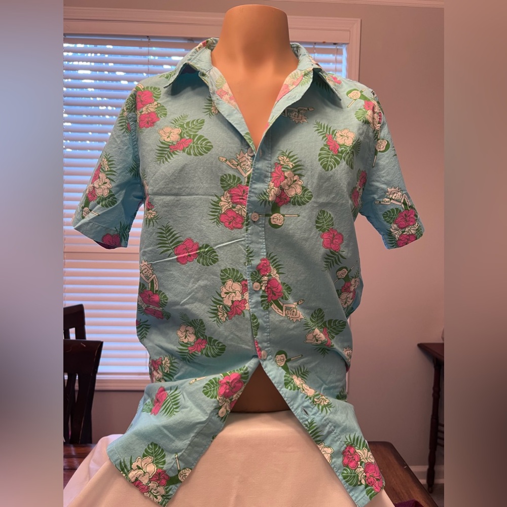 Rick And Morty Men’s Button Up Hawaiian Shirt Size M Adult Swim Blue Pink.